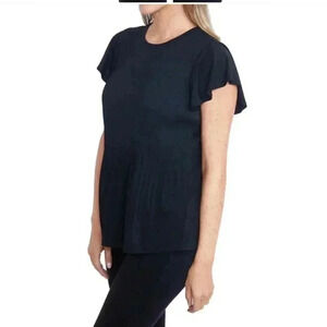 Philosophy Black Pleated Top Medium  Lightweight Short Flutter Sleeve